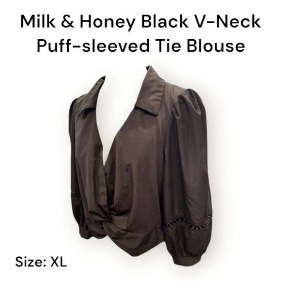 Milk & Honey Tops - Milk & Honey Black V-Neck Puff Sleeve Tie Blouse